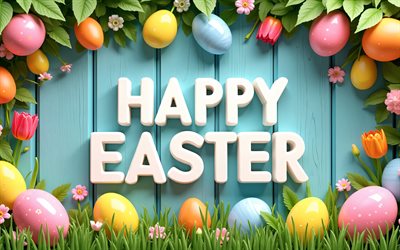 joyeuses pâques, 4k, fond en bois bleu, oeufs de pâques colorés, cadres de pâques, décorations de pâques, milieux de pâques, oeufs de pâques, inscription joyeuses pâques, pâques