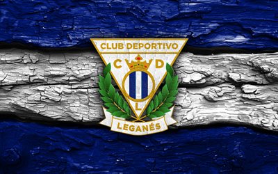 logo madera cd leganés, 4k, fondo de madera blanco azul, laliga2, fútbol, logotipo del cd leganés, fútbol americano, emblema del cd leganés, leganés fc, segunda, liga2, club de fútbol español, cd leganés