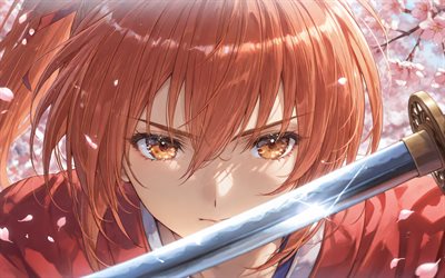 4k, kenshin himura, primavera, espada, sakura, kenshin rurouni, flor de cerezo, kimono, personajes de rurouni kenshin, samurai, personajes de anime, manga, himura kenshin rurouni kenshin