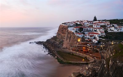 azenhas do mar, vista aerea, oceano atlantico, costa, sera, tramonto, panorama di azenhas do mar, paesaggio urbano di azenhas do mar, colares, sintra, portogallo