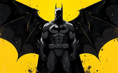 말 당번, 4k, 미니멀리즘, 노란색 배경, dc 코믹스, 슈퍼 히어로, 그런지 예술, 배트맨 아트, 팬 아트, 배트맨 4k