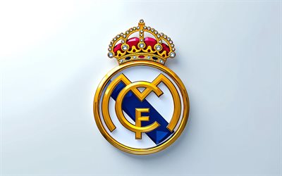 Real Madrid emblem, 4k, white metal wall, Real Madrid CF, Real Madrid logo, Real Madrid sign, La Liga, Spain, football, Real Madrid
