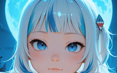 gawr gura, 4k, noche, luna azul, youtuber virtual, retrato, vtuber, chica con ojos azules, hololive, manga, canal gawr gura, youtuber virtual gawr gura