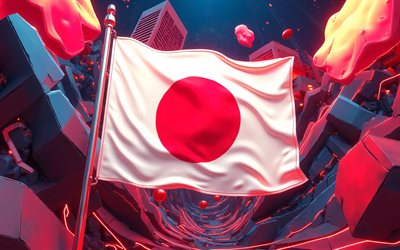 4k, japan flagga på flaggstången, kreativ, abstrakt 3d bakgrund, japans flagga, abstrakt konst, japansk flagga, japan, asien, japan 3d flagga