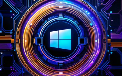 logotipo azul do windows 10, 4k, fundo colorido de alta tecnologia, arte 3d, microcircuitos, condutores, marcas de sistema operacional, logotipo 3d do windows 10, marcas, obra de arte, logotipo do windows 10, janelas 10