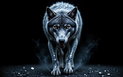 lobo, 4k, depredador, piedras brillantes, lobo blanco, animales salvajes, depredadores, lobos, arte creativo, fondo negro, lobo en la oscuridad, fumar