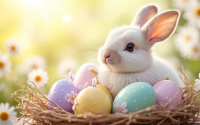 lapin de pâques, oeufs de pâques colorés, printemps, joyeuses pâques, lapin blanc moelleux, oeufs de pâques, décorations de pâques, cartes de voeux de pâques, pâques