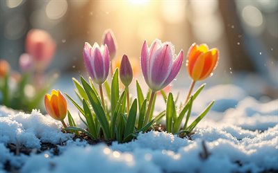 زهور الربيع الملونة, 4k, زهور التوليب, لوتس, تيار في الغابة, ذوبان الثلوج, زهور الربيع, شمس مشرقة, صحوة الطبيعة, خوخه, صور مع الزعفران, غابة, ربيع, الزعفران, زهور جميلة