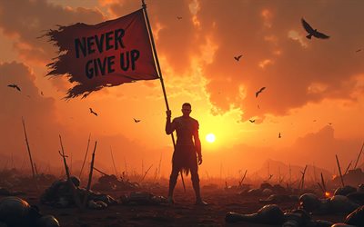 no rendirse nunca, 4k, guerrero con bandera, campo de batalla, motivación, minimalismo, inspiración, guerreros, citas cortas populares, nunca renuncies a los conceptos, nunca renuncies a la inspiración, creativo, nunca renuncies al arte