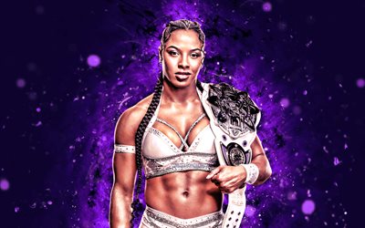 Kali Armstrong, 4k, violet neon lights, WWE, creative, american wrestler, Kali Armstrong with belt, violet abstract background, World Wrestling Entertainment, wrestlers, Kali Armstrong 4K