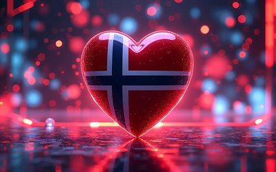 I Love Norway, 4k, digital art, red abstract background, red glare, Day of Norway, flag of Norway, heart with Norwegian flag, artwork, 3D hearts, Norwegian flag, Norway, Love for Norway