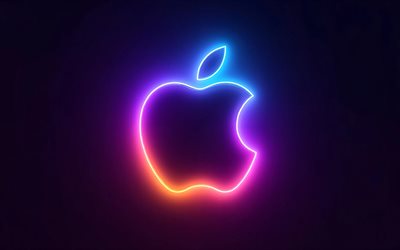 4k, leuchtendes apple logo, bunte neonblendung, schwarzer hintergrund, minimalismus, dirigenten, elektronikmarken, kreativ, apple neon logo, marken, kunstwerk, apple logo, apfel