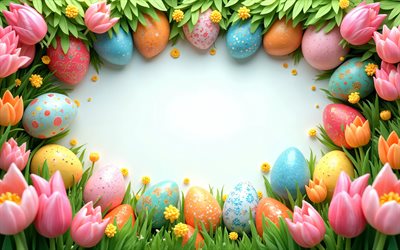 4k, cadre de pâques, fond blanc, oeufs de pâques colorés, fleurs, oeufs de pâques, joyeuses pâques, décorations de pâques, milieux de pâques, pâques