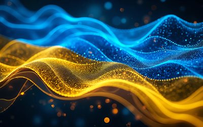 4k, bandera brillante de ucrania, bokeh, ondas 3d amarillas azules, bandera de ucrania, arte 3d, bandera ucraniana, europa, 3d ondea la bandera de ucrania, ucrania, bandera de ucrania 3d