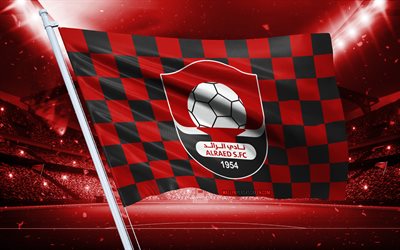 4k, logotipo do al raed, clube de futebol saudita, bandeira do estádio, bandeira dos fãs do al raed, bandeira vermelha preta, emblema de al raed, liga profissional saudita, arábia saudita, futebol, al raed, al raed sfc