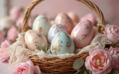 frohe ostern, 4k, ostereier mit goldenen ornamenten, osterdekorationen, ostereier, osterkonzepte, ostern