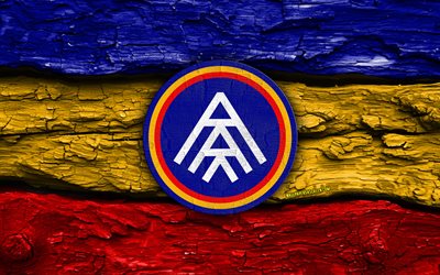 logotipo de madera del fc andorra, 4k, fondo de madera amarillo rojo azul, laliga2, fútbol, logotipo del fc andorra, fútbol americano, emblema del fc andorra, fc andorra, segunda, liga2, club de fútbol español, andorra fc