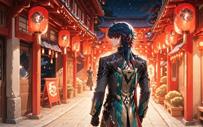 cuchilla, 4k, calle, linternas japonesas, carril estelar honkai, noche, personajes de anime, manga, personajes de honkai star rail, cazadores estelares, espada honkai star rail