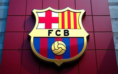 fc barcelonas logotyp på väggen, 4k, fotbollsstadion, fc barcelonas emblem, fc barcelonas logotyp, fc barcelona signerar, la liga, spanien, fotboll, barcelona logotyp, fc barcelona