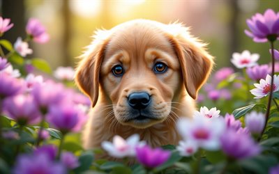 4k, cachorro de golden retriever, de cerca, primavera, bokeh, perros, animales lindos, cachorros, labrador, mascotas, perro perdiguero de oro, flores de primavera, cachorro en el césped