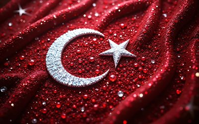 türkische flagge, 4k, edelsteine, flagge der türkei, kristalle, türkei flagge, glänzende steine, truthahn, kreative kunst, rote edelsteine