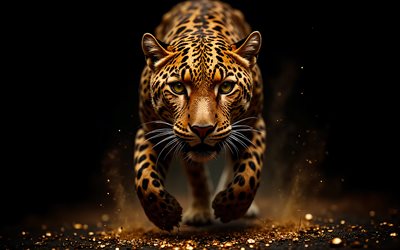 leopardo, 4k, depredador, piedras doradas, gatos salvajes, animales salvajes, depredadores, leopardos, arte creativo, fondo negro, leopardo en la oscuridad, hermoso leopardo