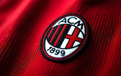 logo en tissu de l'ac milan, 4k, club de football italien, fond de tissu rouge noir, logo de l'ac milan, l'ac milan signe, emblème de l'ac milan, série a, italie, football, milan ac