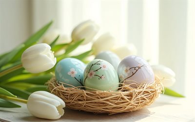 huevos de pascua con sakura, felices pascuas, conceptos de pascua, huevos de pascua, decoraciones de pascua, pascua de resurrección, tulipanes blancos, primavera, flores de cerezo