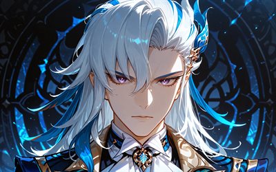 4k, neuvillette, fondo ornamental azul, violinista, impacto de genshin, manga, personajes de anime, obra de arte, personajes de impacto de genshin, impacto de neuvillette genshin