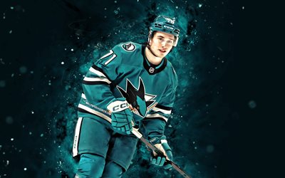 Macklin Celebrini, 4k, turquoise abstract background, San Jose Sharks, NHL, Canadian hockey players, Macklin Celebrini 4K, hockey, turquoise neon lights, National Hockey League, Macklin Celebrini San Jose Sharks