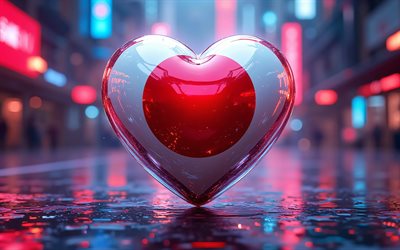 나는 일본을 사랑한다, 4k, 보케, 사이버펑크, 일본의 날, 창의적인, 일본의 국기, 3d 아트, 일본 국기와 마음, 3d 하트, 일본 국기, 일본, 일본에 대한 사랑