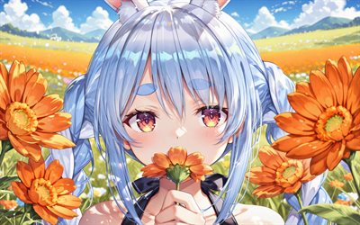 4k, usada pekora, flores naranjas, verano, youtuber virtual, campo de flores, zanahorias, vtuber, creativo, hololive, manga, canal usada pekora, youtuber virtual usada pekora