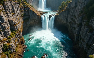 cascada de montaña, 4k, rocas, río de montaña, cascada entre rocas, montañas, primavera, hermosas cascadas, río