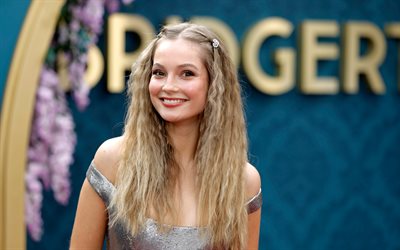 hannah dodd, 4k, sonrisa, estrellas de cine, vestido azul, belleza, actriz inglesa, mujer rubia, celebridad inglesa, sesión de fotos de hannah dodd