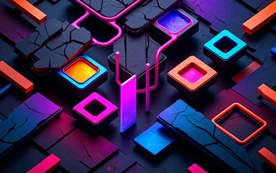 4k, figuras coloridas en 3d, arte 3d, prismas, cubos, fondo oscuro 3d, paralelepípedos, patrones 3d, fondos 3d, formas geométricas, geometría, creativo, fondos abstractos oscuros, figuras geométricas