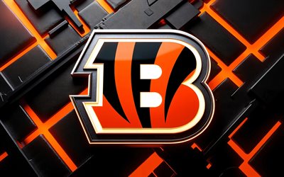 4k, logotipo 3d de los cincinnati bengals, resplandor naranja, fondo negro 3d, nfl, fútbol americano, logotipo de los bengals de cincinnati, creativo, emblema de los bengals de cincinnati, equipo de fútbol americano, bengals de cincinnati