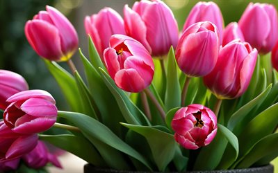 4k, الزنبق الوردي, باقة من زهور التوليب, براعم, زهور الربيع, خوخه, زهور جميلة, ربيع, الخلفية مع زهور التوليب, الزهور الوردية, براعم وردية, زهور التوليب
