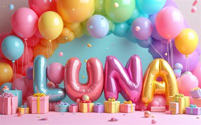 luna, 4k, creativo, letras de globos de colores, nombre luna, obra de arte, cumpleaños luna, nombres femeninos americanos populares, fondo colorido, feliz cumpleaños luna, foto con el nombre de luna