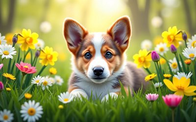 cardigan welsh corgi valp, 4k, fjädra, bokeh, hundkapplöpning, söta djur, valpar, husdjur, cardigan welsh corgi, vårblommor, corgi, valp på gräsmattan, cardigan welsh corgi dog