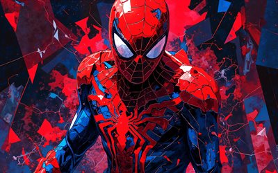 hombre araña, 4k, arte grunge, superhéroes, fondo colorido del grunge, cómics marvel, arte del hombre araña, obra de arte, hombre araña 4k