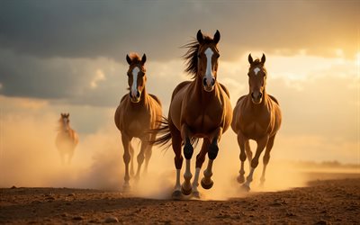 4k, drei pferde, staub, tierwelt, sonnenuntergang, wüste, galopp, herde pferde, laufende pferde, wilde pferde, braune pferde, pferde