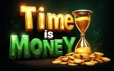 aika on rahaa, 4k, musta tausta, tiimalasi, aika on rahaa 3d taide, rahoitusta, liiketoimintakonsepteja, aika on rahaa käsitteitä