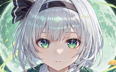 youmu konpaku, 4k, noche, luna verde, proyecto touhou, manga, personajes touhou, touhou, konpaku youmu, personajes de anime, youmu konpaku touhou