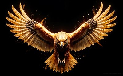 falcão com asas estendidas, 4k, aves de rapina, falcão dourado, gemas de ouro, falcão, fundo preto, predadores