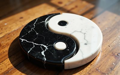 yin  und yang marmorschild, 4k, holztisch, yin  und yang symbol, yin  und yang konzepte, yin  und yang steinzeichen, yin und yang