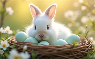 lapin de pâques, 4k, soirée, joyeuses pâques, œufs de pâques bleus, décorations de pâques, concepts de pâques, joli lapin moelleux, nid avec des oeufs de pâques