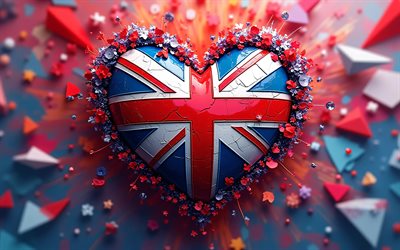 amo la gran bretagna, 4k, bokeh, forme geometriche, creativo, giorno della gran bretagna, bandiera della gran bretagna, cuore con bandiera britannica, cuori 3d, bandiera britannica, gran bretagna, amore per la gran bretagna, bandiera del regno unito, union jack