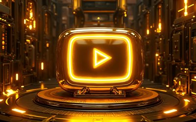 4k, YouTube golden button, darkness, golden 3D background, creative, bokeh, YouTube metal logo, social network, brands, YouTube 3D logo, artwork, YouTube logo, YouTube