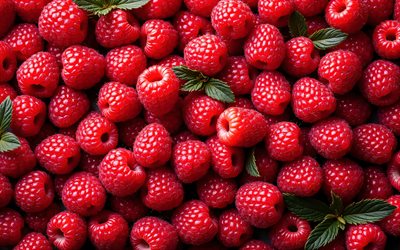 4k, frambuesas maduras, de cerca, bayas maduras, macro, fondo con frambuesa, frambuesas, bayas frescas, frambuesa, foto con frambuesa, frutas, frambuesa premium, muchas frambuesas, frutas maduras