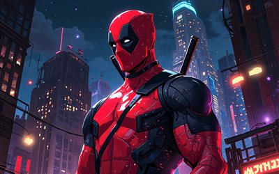 4k, dead pool, calle, superhéroes, edificios, cómics marvel, fotos con deadpool, creativo, arte deadpool, fan art, consorcio inactivo 4k